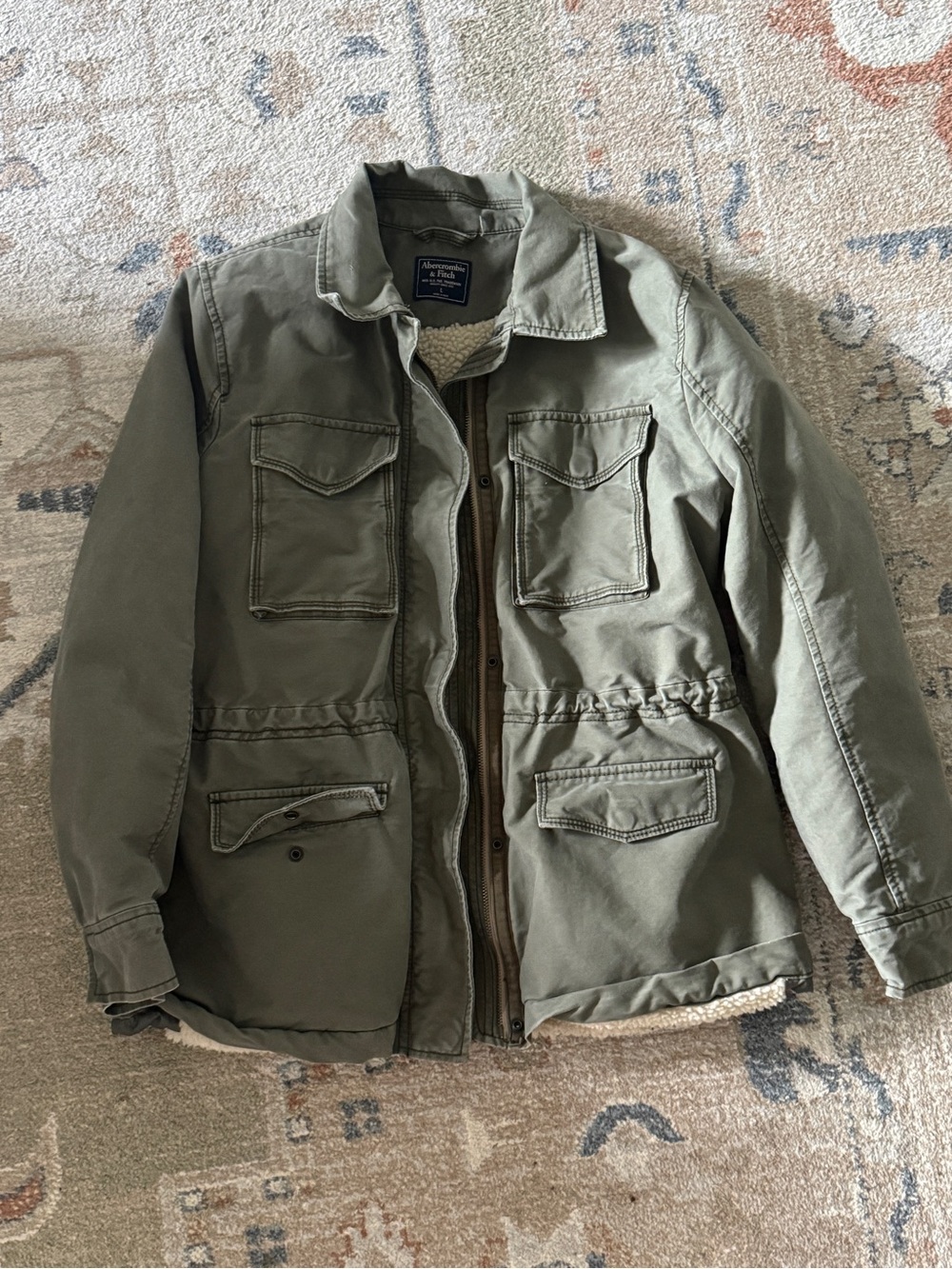 Vintage Style Abercrombie & Fitch Olive Green Military Jacket with Sherpa Trim